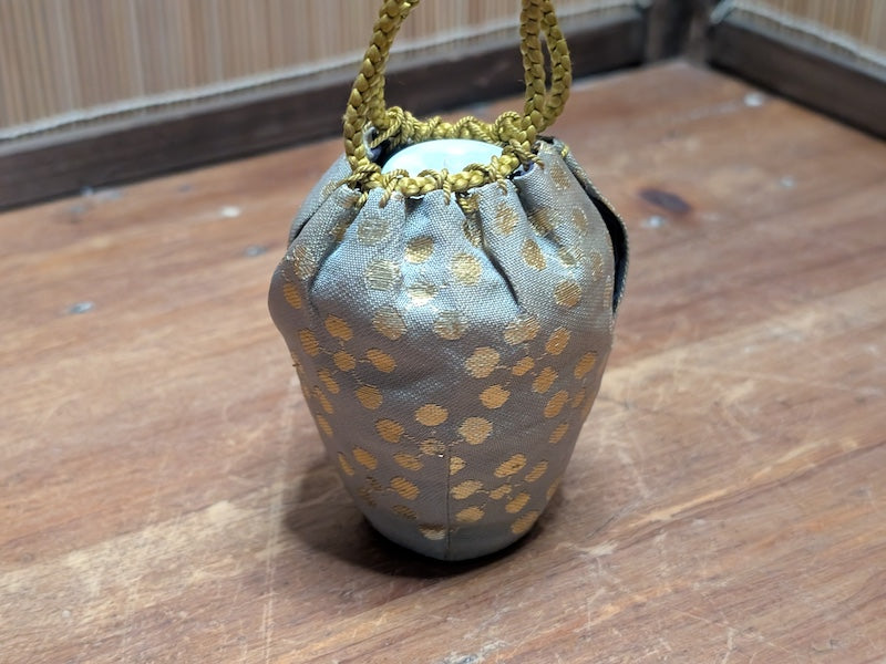 Vintage Japanese Pottery Tea Caddy Chaire Kimono Cover Wooden Box