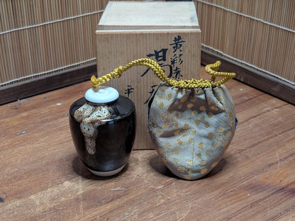 Vintage Japanese Pottery Tea Caddy Chaire Kimono Cover Wooden Box