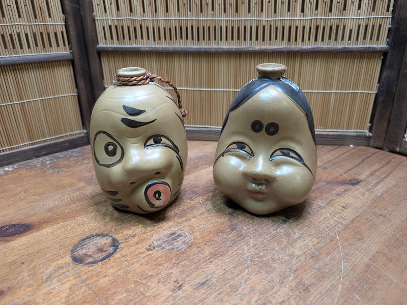 Vintage Japanese Sake Bin Set Otafuku Kagura Ceramic Collectible Pair