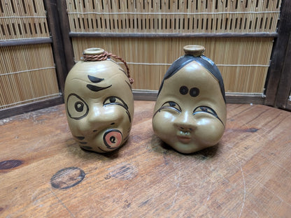 Vintage Japanese Sake Bin Set Otafuku Kagura Ceramic Collectible Pair