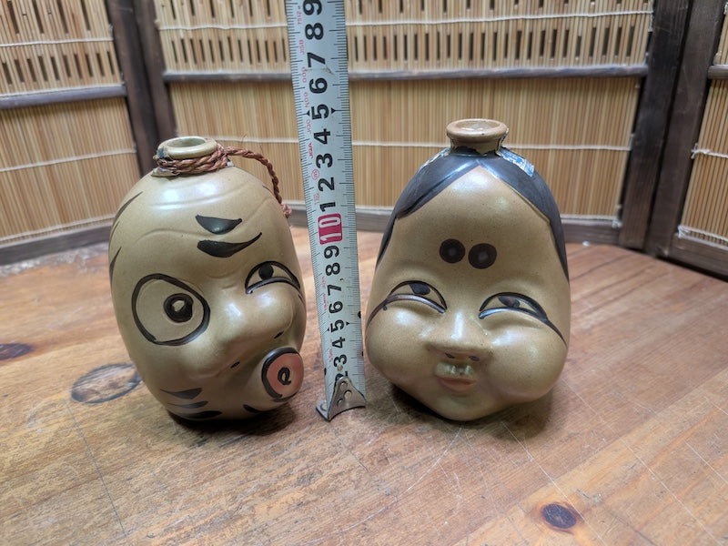 Vintage Japanese Sake Bin Set Otafuku Kagura Ceramic Collectible Pair