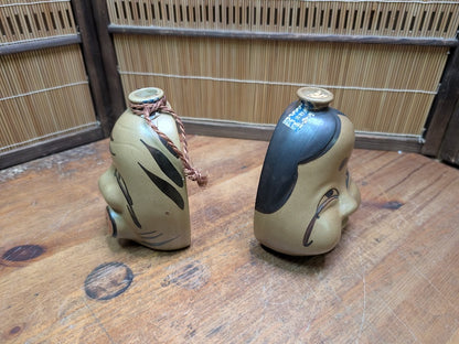 Vintage Japanese Sake Bin Set Otafuku Kagura Ceramic Collectible Pair