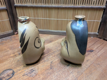 Vintage Japanese Sake Bin Set Otafuku Kagura Ceramic Collectible Pair