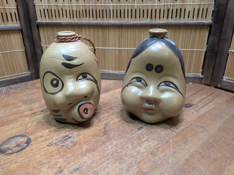 Vintage Japanese Sake Bin Set Otafuku Kagura Ceramic Collectible Pair