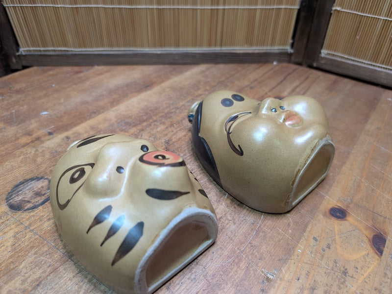Vintage Japanese Sake Bin Set Otafuku Kagura Ceramic Collectible Pair