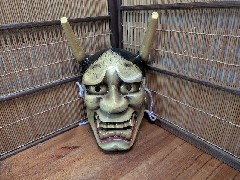 Signed Hannya Mask 1990 Japanese Noh Demon Wood Carving Vintage Wall Art