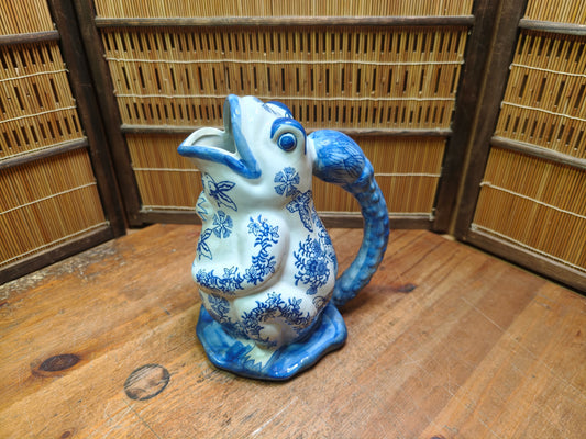 Vintage Blue White Frog Pitcher Ceramic Chinoiserie Gurgle Jug Japan