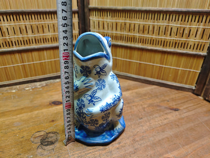 Vintage Blue White Frog Pitcher Ceramic Chinoiserie Gurgle Jug Japan