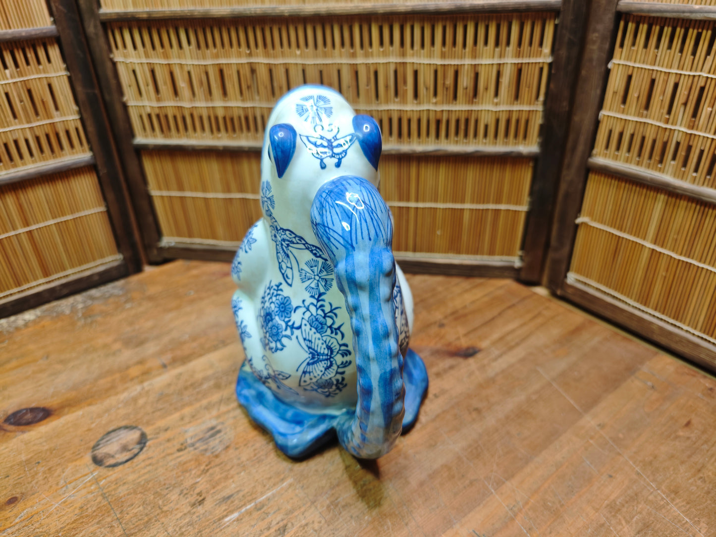 Vintage Blue White Frog Pitcher Ceramic Chinoiserie Gurgle Jug Japan