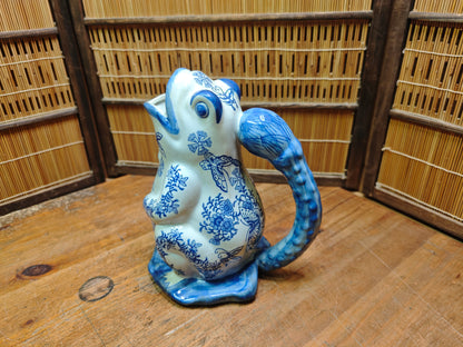 Vintage Blue White Frog Pitcher Ceramic Chinoiserie Gurgle Jug Japan