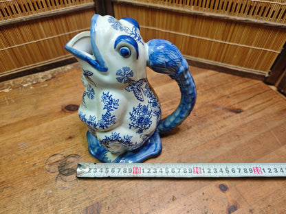 Vintage Blue White Frog Pitcher Ceramic Chinoiserie Gurgle Jug Japan