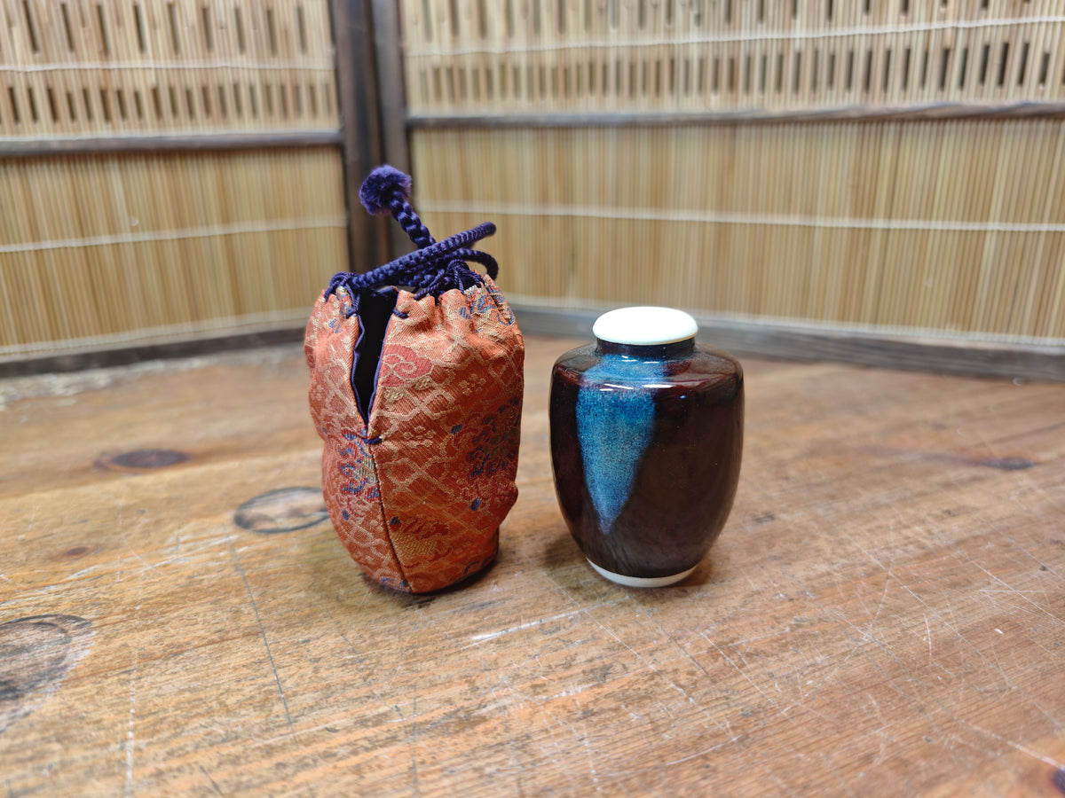 Authentic 1970s Japanese Chaire Tea Caddy w Silk Shifuku Showa Pottery