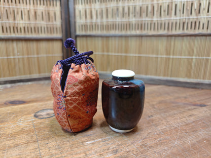 Authentic 1970s Japanese Chaire Tea Caddy w Silk Shifuku Showa Pottery