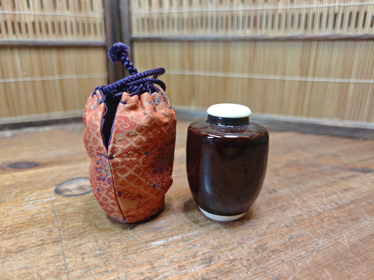 Authentic 1970s Japanese Chaire Tea Caddy w Silk Shifuku Showa Pottery