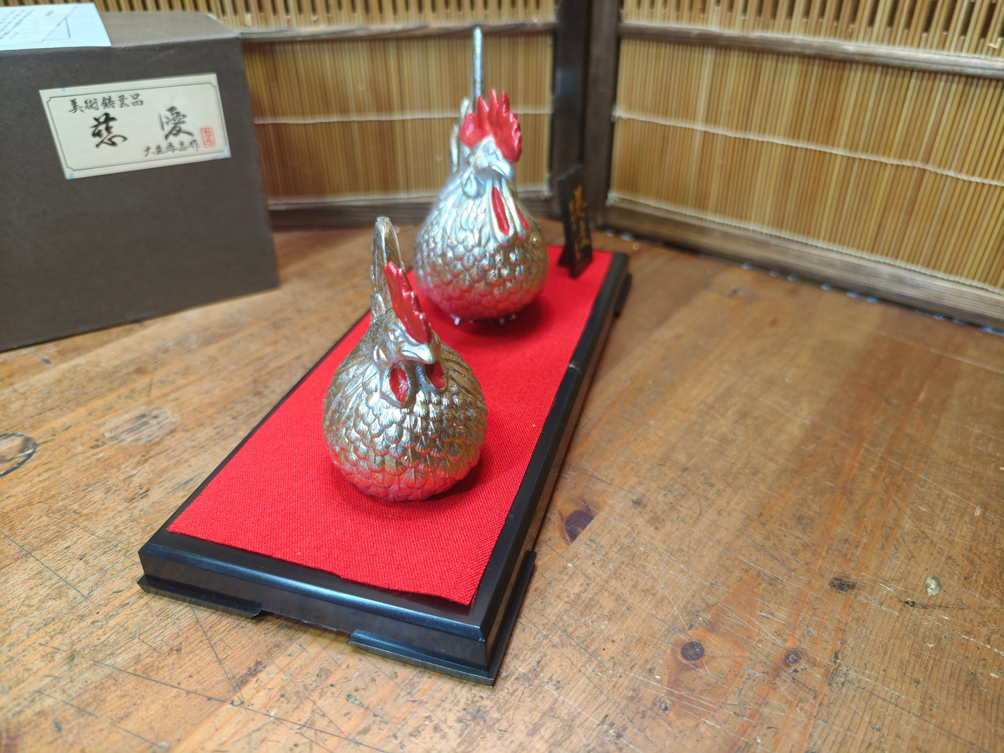 Japanese Vintage Eto Rooster Brass Figurine Set Signed Box & Doc Japan