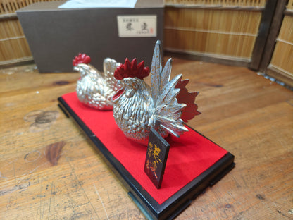 Japanese Vintage Eto Rooster Brass Figurine Set Signed Box & Doc Japan
