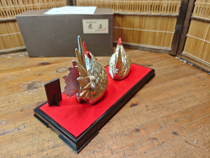 Japanese Vintage Eto Rooster Brass Figurine Set Signed Box & Doc Japan