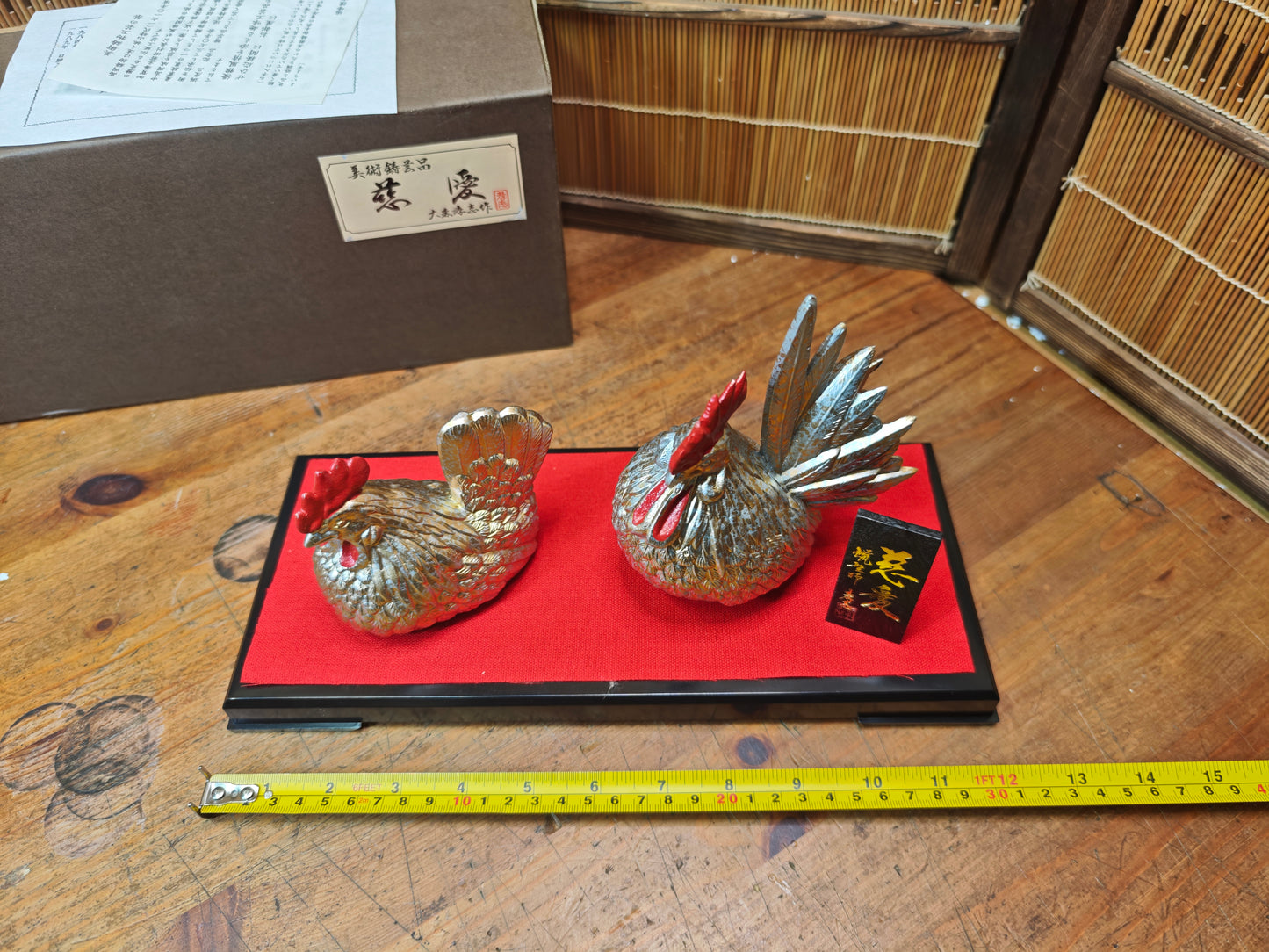 Japanese Vintage Eto Rooster Brass Figurine Set Signed Box & Doc Japan