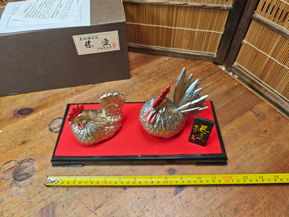 Japanese Vintage Eto Rooster Brass Figurine Set Signed Box & Doc Japan