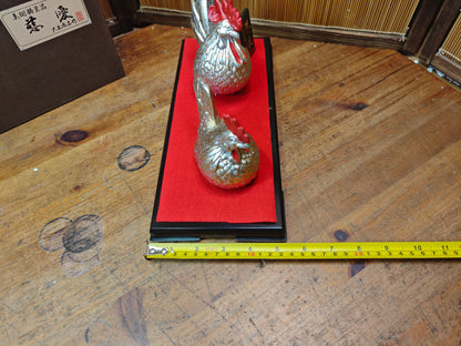 Japanese Vintage Eto Rooster Brass Figurine Set Signed Box & Doc Japan