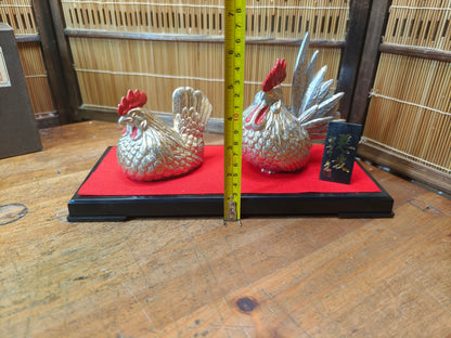 Japanese Vintage Eto Rooster Brass Figurine Set Signed Box & Doc Japan