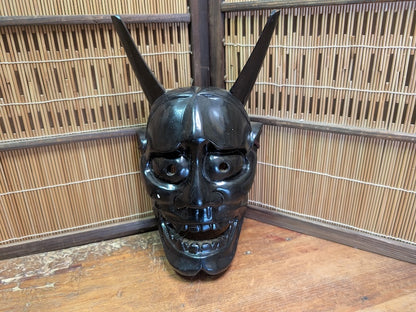 Japanese Vintage Hannya Devil Wooden Mask Black Noh Theater Art