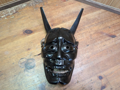 Japanese Vintage Hannya Devil Wooden Mask Black Noh Theater Art