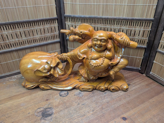 Japanese Vintage Laughing Buddha Statue Hand-Carved Wooden Hotei Figure