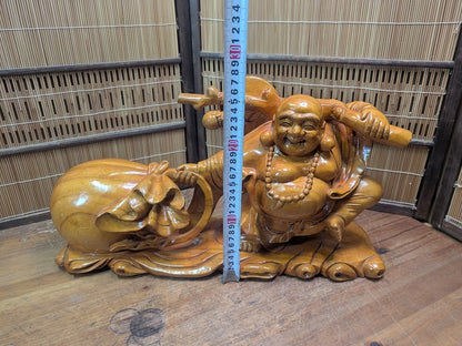 Japanese Vintage Laughing Buddha Statue Hand-Carved Wooden Hotei Figure
