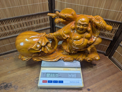 Japanese Vintage Laughing Buddha Statue Hand-Carved Wooden Hotei Figure
