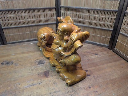 Japanese Vintage Laughing Buddha Statue Hand-Carved Wooden Hotei Figure