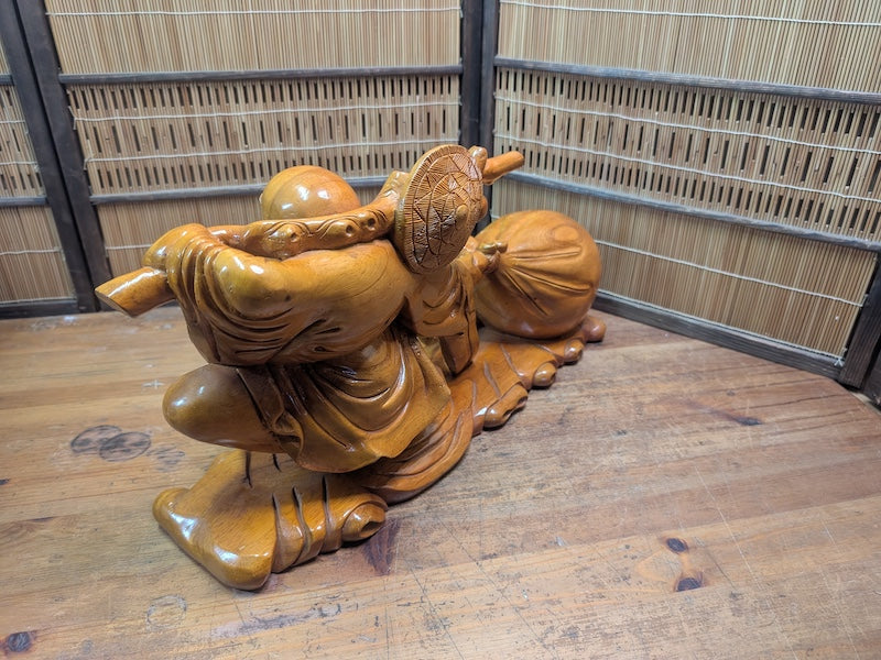 Japanese Vintage Laughing Buddha Statue Hand-Carved Wooden Hotei Figure