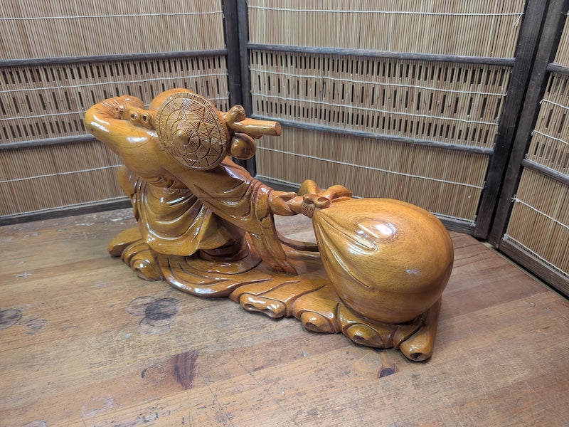 Japanese Vintage Laughing Buddha Statue Hand-Carved Wooden Hotei Figure