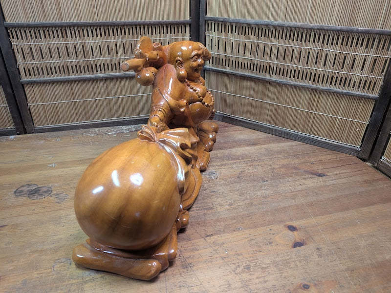 Japanese Vintage Laughing Buddha Statue Hand-Carved Wooden Hotei Figure