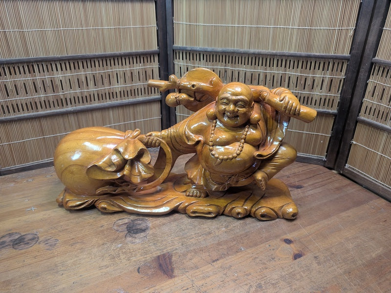 Japanese Vintage Laughing Buddha Statue Hand-Carved Wooden Hotei Figure