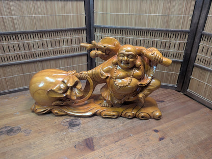 Japanese Vintage Laughing Buddha Statue Hand-Carved Wooden Hotei Figure