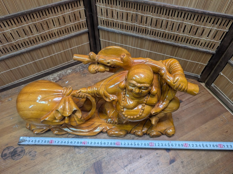 Japanese Vintage Laughing Buddha Statue Hand-Carved Wooden Hotei Figure