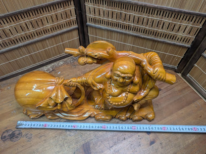 Japanese Vintage Laughing Buddha Statue Hand-Carved Wooden Hotei Figure