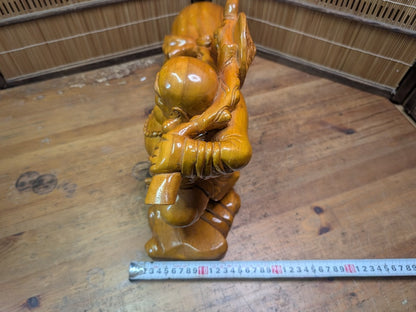 Japanese Vintage Laughing Buddha Statue Hand-Carved Wooden Hotei Figure