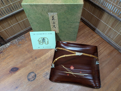 Japanese Vintage Urushi Lacquer Okashi Bon Tray Signed w/Box Gold Art
