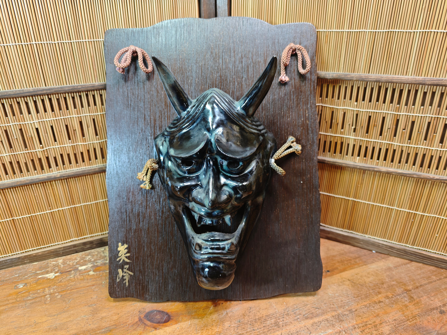Japanese Vintage Oni Devil Mask Ceramic on Sugi Wood Auction JP