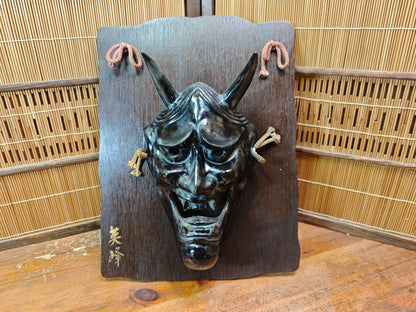 Japanese Vintage Oni Devil Mask Ceramic on Sugi Wood Auction JP