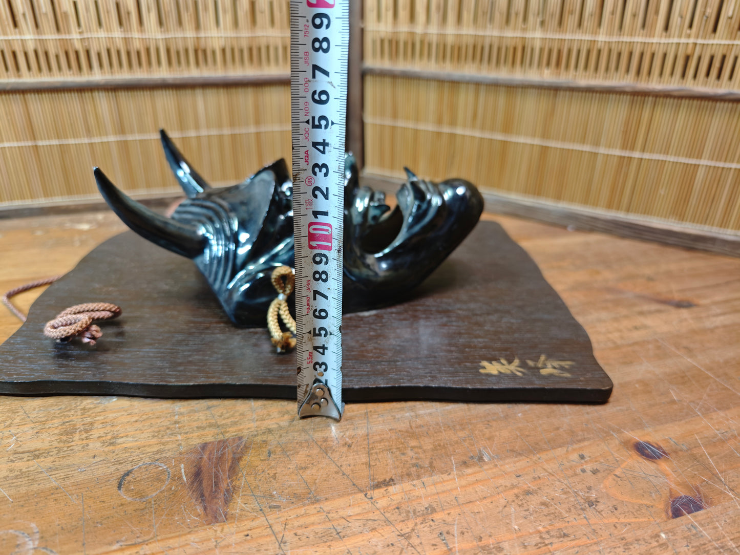 Japanese Vintage Oni Devil Mask Ceramic on Sugi Wood Auction JP