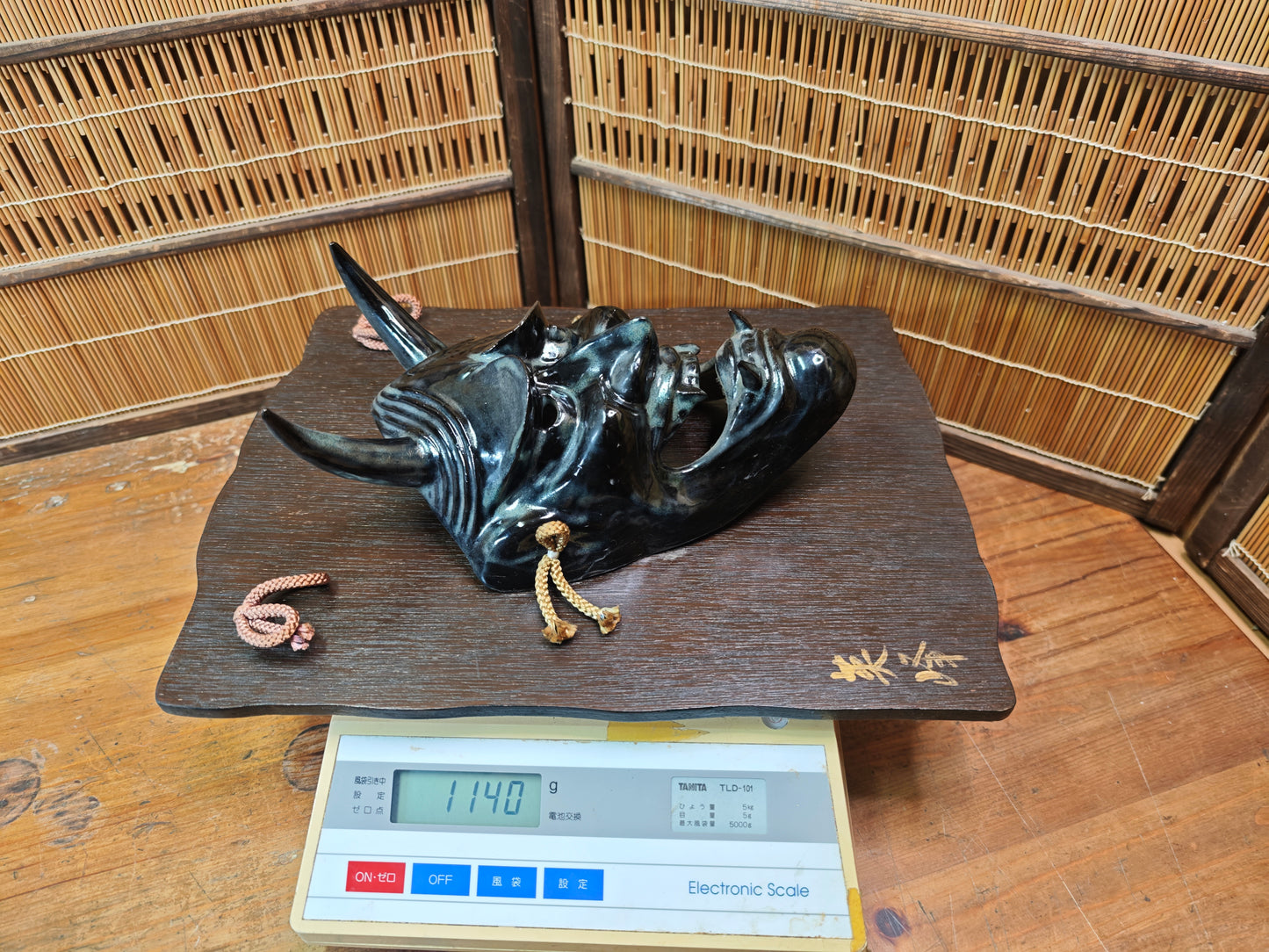Japanese Vintage Oni Devil Mask Ceramic on Sugi Wood Auction JP