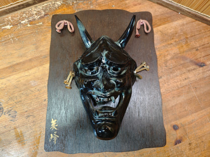 Japanese Vintage Oni Devil Mask Ceramic on Sugi Wood Auction JP