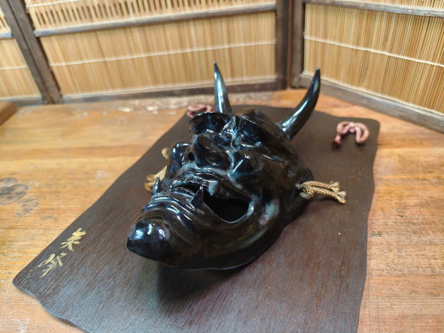 Japanese Vintage Oni Devil Mask Ceramic on Sugi Wood Auction JP