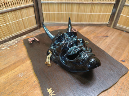 Japanese Vintage Oni Devil Mask Ceramic on Sugi Wood Auction JP