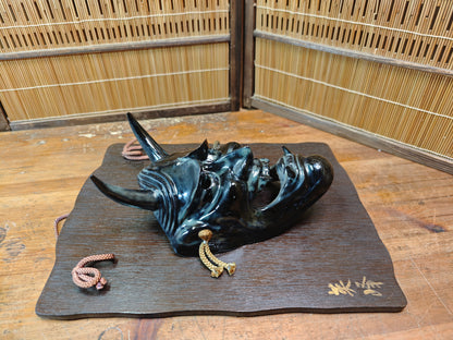 Japanese Vintage Oni Devil Mask Ceramic on Sugi Wood Auction JP