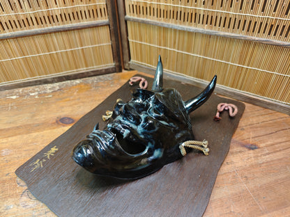 Japanese Vintage Oni Devil Mask Ceramic on Sugi Wood Auction JP