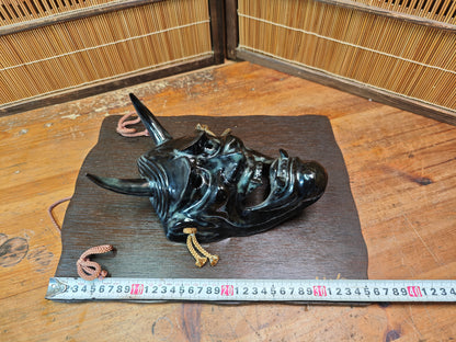 Japanese Vintage Oni Devil Mask Ceramic on Sugi Wood Auction JP